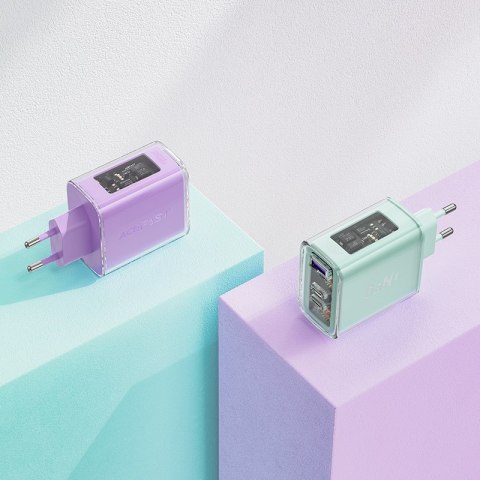 Ładowarka sieciowa GaN 65W 3 porty 1x USB 2x USB-C fioletowa Ładowarka sieciowa GaN 65W 3 porty 1x USB 2x USB-C fioletowa
