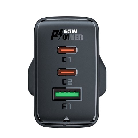 Ładowarka sieciowa wtyczka angielska UK GaN 65W 1x USB 2x USB-C PD biała Ładowarka sieciowa wtyczka angielska UK GaN 65W 1x USB 2x USB-C PD biała