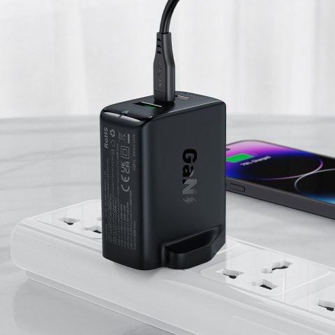 Ładowarka sieciowa wtyczka angielska UK GaN 65W 1x USB 2x USB-C PD biała Ładowarka sieciowa wtyczka angielska UK GaN 65W 1x USB 2x USB-C PD biała