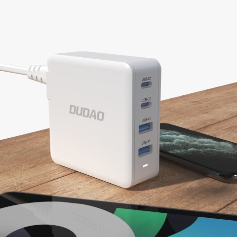 Szybka i mocna ładowarka sieciowa GaN 2x USB-C 2x USB 100W biała Szybka i mocna ładowarka sieciowa GaN 2x USB-C 2x USB 100W biała