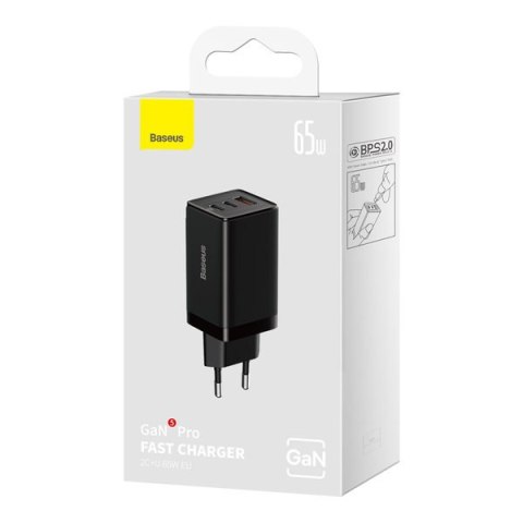 Szybka ładowarka sieciowa GaN 2x USB-C USB 65W + kabel USB-C czarna Szybka ładowarka sieciowa GaN 2x USB-C USB 65W + kabel USB-C czarna