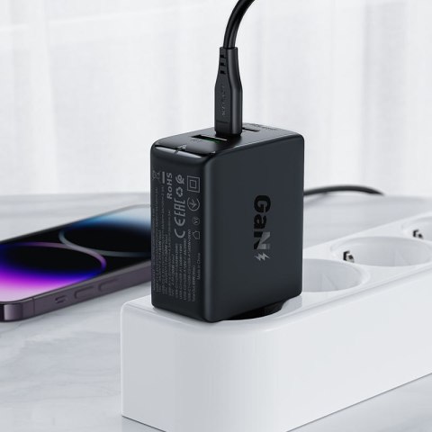 Szybka ładowarka sieciowa GaN 2x USB-C USB-A PPS PD QC4+ 65W czarna Szybka ładowarka sieciowa GaN 2x USB-C USB-A PPS PD QC4+ 65W czarna