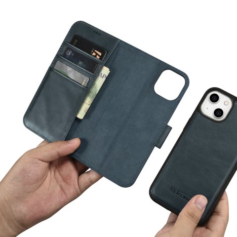 2w1 etui skórzany pokrowiec z klapką iPhone 14 Anti-RFID Oil Wax Wallet Case niebieski 2w1 etui skórzany pokrowiec z klapką iPhone 14 Anti-RFID Oil Wax Wallet Case niebieski