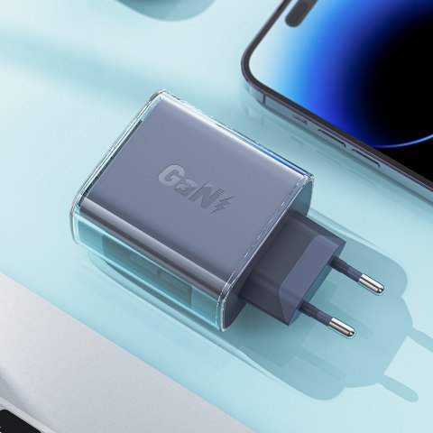 Ładowarka sieciowa GaN 65W 3 porty 1x USB 2x USB-C różowa Ładowarka sieciowa GaN 65W 3 porty 1x USB 2x USB-C różowa