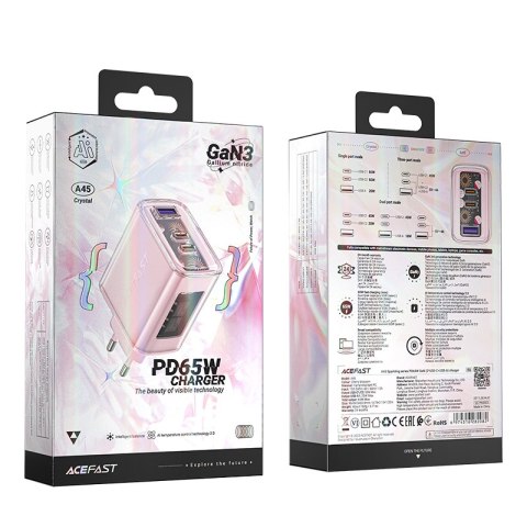 Ładowarka sieciowa GaN 65W 3 porty 1x USB 2x USB-C różowa Ładowarka sieciowa GaN 65W 3 porty 1x USB 2x USB-C różowa