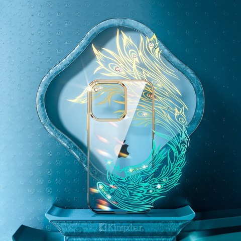 Luksusowe etui iPhone 14 Plus z kryształami Phoenix Series złoto-niebieskie Luksusowe etui iPhone 14 Plus z kryształami Phoenix Series złoto-niebieskie