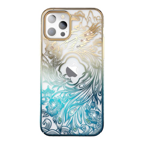 Luksusowe etui iPhone 14 z kryształami Phoenix Series złoto-niebieskie Luksusowe etui iPhone 14 z kryształami Phoenix Series złoto-niebieskie