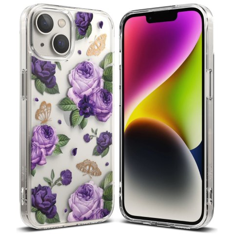 Pancerne etui pokrowiec z żelową ramką iPhone 14 Plus Fusion Design Purple Rose przezroczysty Pancerne etui pokrowiec z żelową ramką iPhone 14 Plus Fusion Design Purple Rose przezroczysty