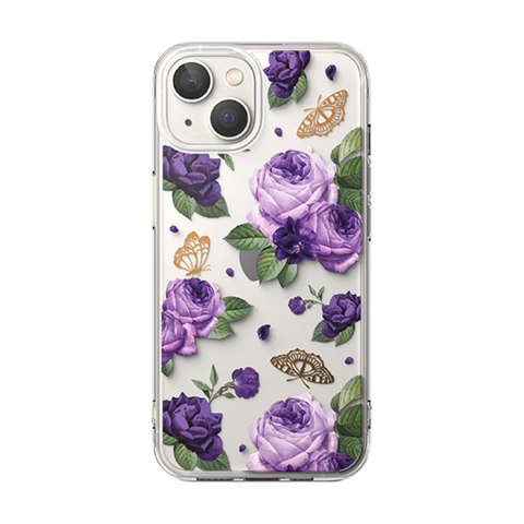 Pancerne etui pokrowiec z żelową ramką iPhone 14 Plus Fusion Design Purple Rose przezroczysty Pancerne etui pokrowiec z żelową ramką iPhone 14 Plus Fusion Design Purple Rose przezroczysty