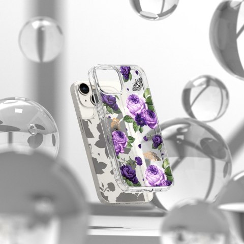 Pancerne etui pokrowiec z żelową ramką iPhone 14 Plus Fusion Design Purple Rose przezroczysty Pancerne etui pokrowiec z żelową ramką iPhone 14 Plus Fusion Design Purple Rose przezroczysty