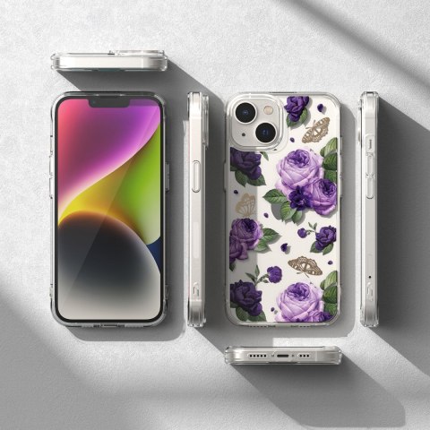 Pancerne etui pokrowiec z żelową ramką iPhone 14 Plus Fusion Design Purple Rose przezroczysty Pancerne etui pokrowiec z żelową ramką iPhone 14 Plus Fusion Design Purple Rose przezroczysty