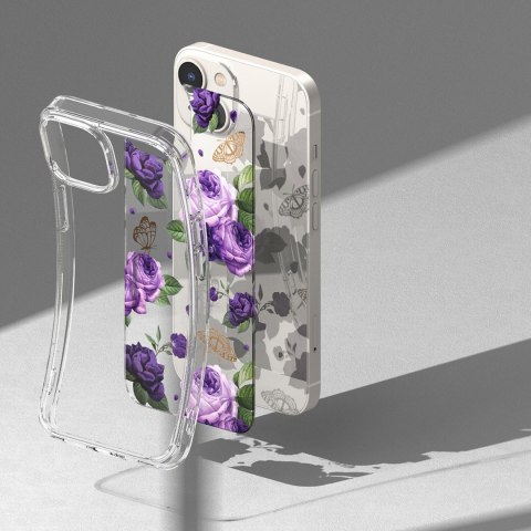 Pancerne etui pokrowiec z żelową ramką iPhone 14 Plus Fusion Design Purple Rose przezroczysty Pancerne etui pokrowiec z żelową ramką iPhone 14 Plus Fusion Design Purple Rose przezroczysty