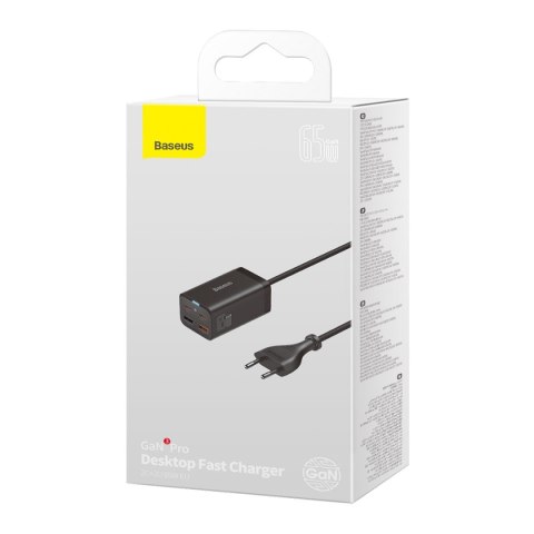 Szybka ładowarka sieciowa GaN3 Pro 2x USB-C / 2x USB 65W PD QC + kabel USB-C 1m czarny Szybka ładowarka sieciowa GaN3 Pro 2x USB-C / 2x USB 65W PD QC + kabel USB-C 1m czarny
