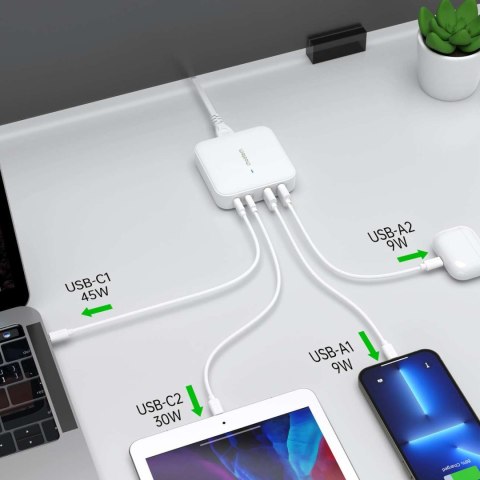 Mocna ładowarka sieciowa GaN 100W 2x USB-A 2x USB-C biała Mocna ładowarka sieciowa GaN 100W 2x USB-A 2x USB-C biała