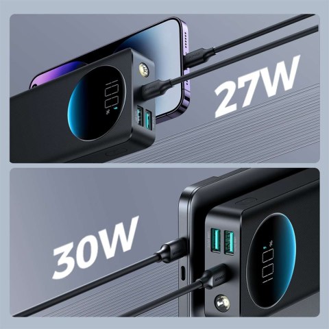 Powerbank z latarką 30W 30000mAh + kabel USB-A - USB-C 25cm czarny Powerbank z latarką 30W 30000mAh + kabel USB-A - USB-C 25cm czarny