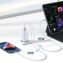 Szybka ładowarka sieciowa GaN 65W USB-A / 2x USB-C biała Szybka ładowarka sieciowa GaN 65W USB-A / 2x USB-C biała