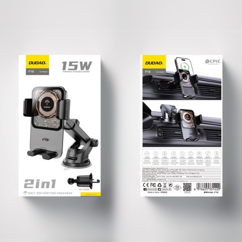 Uchwyt samochodowy F19 zaciskowy na telefon z ładowarką indukcyjną 15W czarny Uchwyt samochodowy F19 zaciskowy na telefon z ładowarką indukcyjną 15W czarny