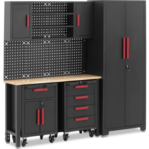 Zestaw mebli warsztatowych szafa 2 szafki na kółkach ściana perforowana Zestaw mebli warsztatowych szafa 2 szafki na kółkach ściana perforowana