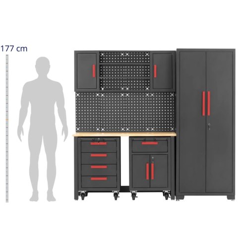 Zestaw mebli warsztatowych szafa 2 szafki na kółkach ściana perforowana Zestaw mebli warsztatowych szafa 2 szafki na kółkach ściana perforowana