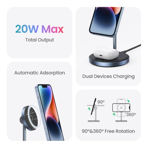 2w1 Stacja ładująca 20W i podstawka magnetyczna MagSafe Qi USB-C czarna 2w1 Stacja ładująca 20W i podstawka magnetyczna MagSafe Qi USB-C czarna
