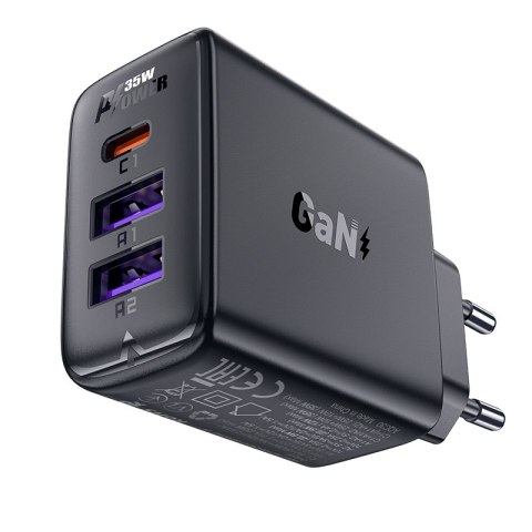 Ładowarka sieciowa PD 35W GaN z 3 portami 2x USB-A + USB-C czarna Ładowarka sieciowa PD 35W GaN z 3 portami 2x USB-A + USB-C czarna