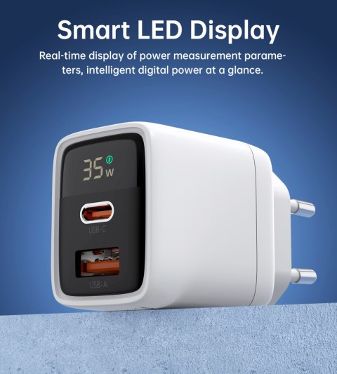 Mała mocna ładowarka sieciowa GaN USB-A USB-C PD 35W z wyświetlaczem biała Mała mocna ładowarka sieciowa GaN USB-A USB-C PD 35W z wyświetlaczem biała