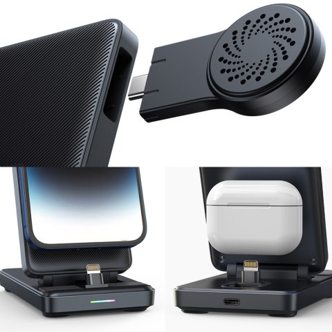 4w1 Stacja ładująca do iPhone AirPods Apple Watch USB-A składana czarna 4w1 Stacja ładująca do iPhone AirPods Apple Watch USB-A składana czarna