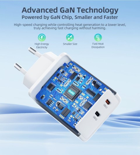 Ładowarka sieciowa GaN 2x USB-C PD 65W biała Ładowarka sieciowa GaN 2x USB-C PD 65W biała