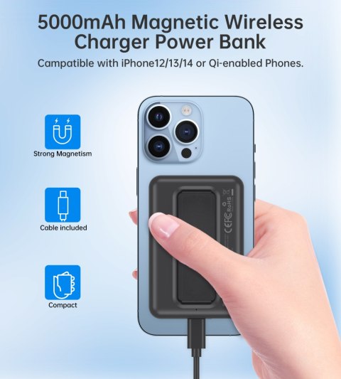 Powerbank 10000mAh bezprzewodowy MagSafe USB-A USB-C funkcja podstawki czarny Powerbank 10000mAh bezprzewodowy MagSafe USB-A USB-C funkcja podstawki czarny