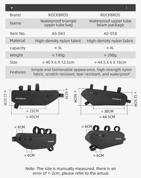 Wodoodporna torba rowerowa mocowana na rzepy pod ramę 3L czarna Wodoodporna torba rowerowa mocowana na rzepy pod ramę 3L czarna