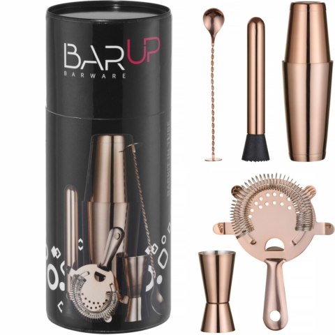 Zestaw barmański w tubie shaker jigger sitko muddler łyżka - miedziany Zestaw barmański w tubie shaker jigger sitko muddler łyżka - miedziany