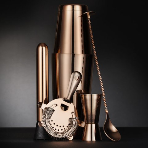 Zestaw barmański w tubie shaker jigger sitko muddler łyżka - miedziany Zestaw barmański w tubie shaker jigger sitko muddler łyżka - miedziany