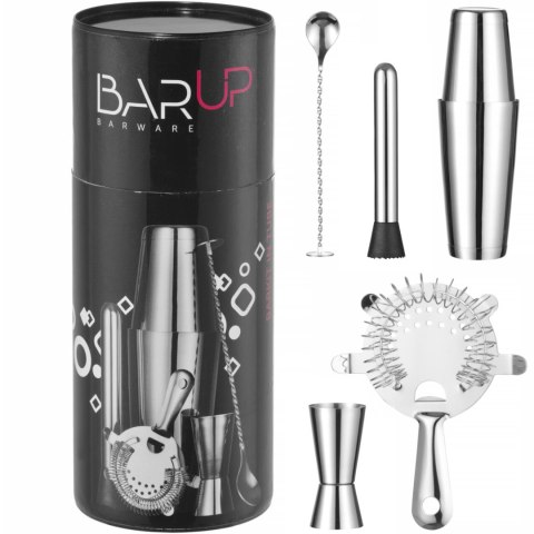 Zestaw barmański w tubie shaker jigger sitko muddler łyżka - srebrny Zestaw barmański w tubie shaker jigger sitko muddler łyżka - srebrny