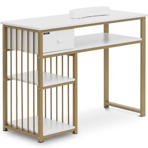 Biurko kosmetyczne do manicure z podpórką na dłonie szuflada 3 półki 110 x 46 cm - biało złote Biurko kosmetyczne do manicure z podpórką na dłonie szuflada 3 półki 110 x 46 cm - biało złote