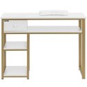 Biurko kosmetyczne do manicure z podpórką na dłonie szuflada 3 półki 110 x 46 cm - biało złote Biurko kosmetyczne do manicure z podpórką na dłonie szuflada 3 półki 110 x 46 cm - biało złote