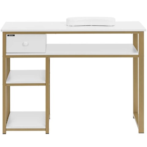 Biurko kosmetyczne do manicure z podpórką na dłonie szuflada 3 półki 110 x 46 cm - biało złote Biurko kosmetyczne do manicure z podpórką na dłonie szuflada 3 półki 110 x 46 cm - biało złote