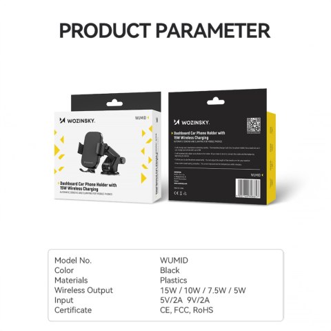 Uchwyt na telefon z ładowarką indukcyjną 15W na deskę rozdzielczą samochodu czarny Uchwyt na telefon z ładowarką indukcyjną 15W na deskę rozdzielczą samochodu czarny