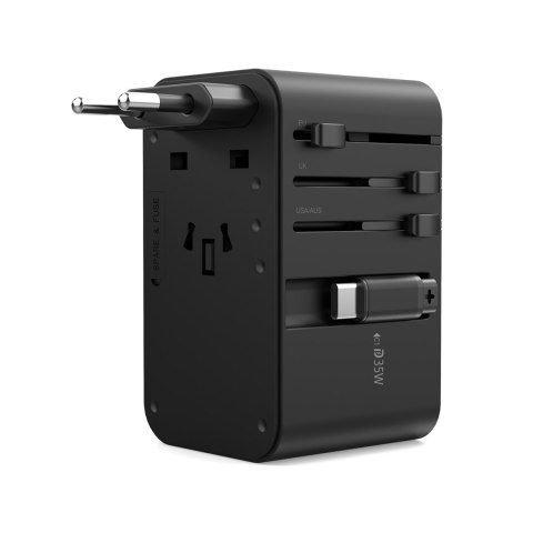 Adapter ładowarka podróżna 35W EU / US / AUS / UK z wbudowanym kablem USB-C - czarny Adapter ładowarka podróżna 35W EU / US / AUS / UK z wbudowanym kablem USB-C - czarny