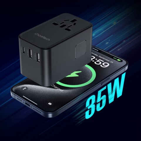 Adapter ładowarka podróżna 35W EU / US / AUS / UK z wbudowanym kablem USB-C - czarny Adapter ładowarka podróżna 35W EU / US / AUS / UK z wbudowanym kablem USB-C - czarny