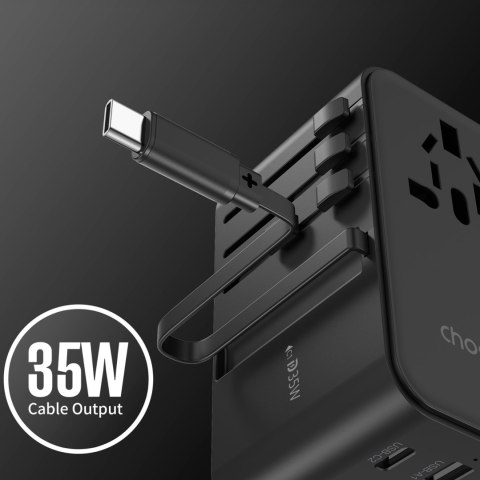 Adapter ładowarka podróżna 35W EU / US / AUS / UK z wbudowanym kablem USB-C - czarny Adapter ładowarka podróżna 35W EU / US / AUS / UK z wbudowanym kablem USB-C - czarny