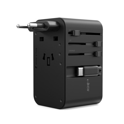 Adapter ładowarka podróżna 45W EU / US / AUS / UK z wbudowanym kablem USB-C - czarny Adapter ładowarka podróżna 45W EU / US / AUS / UK z wbudowanym kablem USB-C - czarny