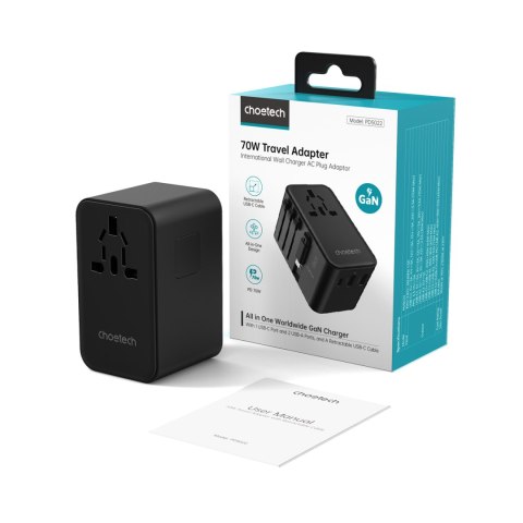 Adapter ładowarka podróżna 70W EU / US / AUS / UK z wbudowanym kablem USB-C - czarny Adapter ładowarka podróżna 70W EU / US / AUS / UK z wbudowanym kablem USB-C - czarny