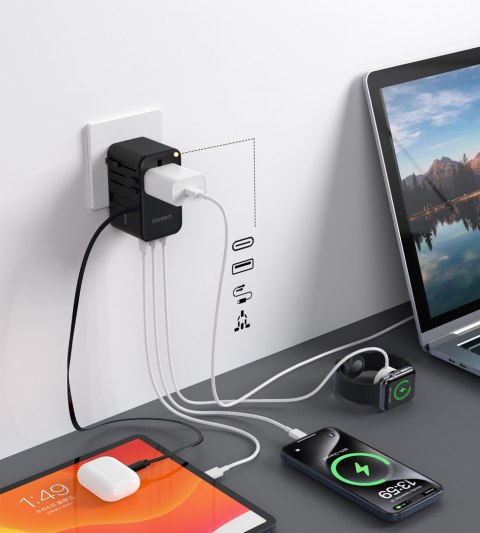 Adapter ładowarka podróżna 70W EU / US / AUS / UK z wbudowanym kablem USB-C - czarny Adapter ładowarka podróżna 70W EU / US / AUS / UK z wbudowanym kablem USB-C - czarny