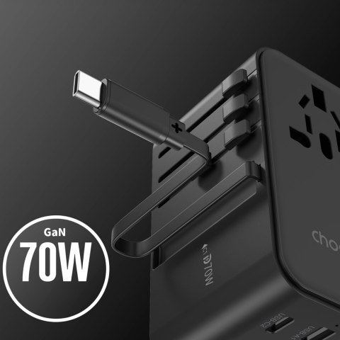 Adapter ładowarka podróżna 70W EU / US / AUS / UK z wbudowanym kablem USB-C - czarny Adapter ładowarka podróżna 70W EU / US / AUS / UK z wbudowanym kablem USB-C - czarny