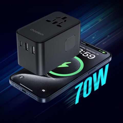 Adapter ładowarka podróżna 70W EU / US / AUS / UK z wbudowanym kablem USB-C - czarny Adapter ładowarka podróżna 70W EU / US / AUS / UK z wbudowanym kablem USB-C - czarny
