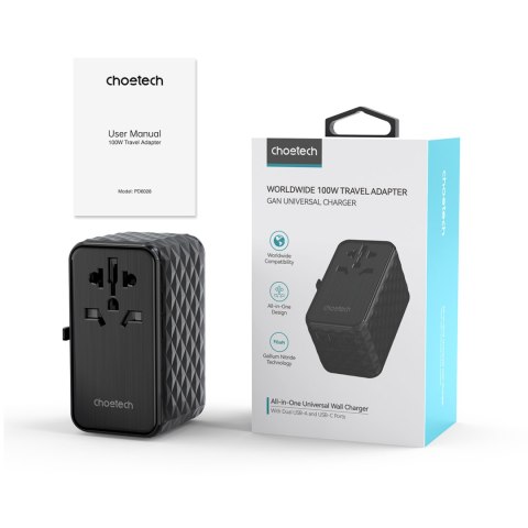 Adapter ładowarka podróżna EU / US / AUS / UK 2x USB-C 2x USB-A 100W - czarny Adapter ładowarka podróżna EU / US / AUS / UK 2x USB-C 2x USB-A 100W - czarny