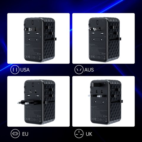 Adapter ładowarka podróżna EU / US / AUS / UK 2x USB-C 2x USB-A 100W - czarny Adapter ładowarka podróżna EU / US / AUS / UK 2x USB-C 2x USB-A 100W - czarny