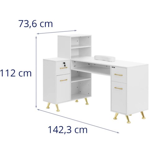 Biurko kosmetyczne do manicure 2 szuflady 2 szafki - biało złote Biurko kosmetyczne do manicure 2 szuflady 2 szafki - biało złote