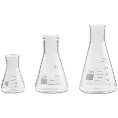 Kolby Erlenmeyera laboratoryjne stożkowe 50/150/250 ml - zestaw 3 szt. Kolby Erlenmeyera laboratoryjne stożkowe 50/150/250 ml - zestaw 3 szt.