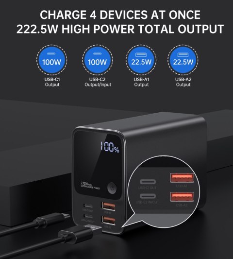 Powerbank stacja zasilania 27000 mAh 2x USB-A 2x USB-C 100W - czarny Powerbank stacja zasilania 27000 mAh 2x USB-A 2x USB-C 100W - czarny